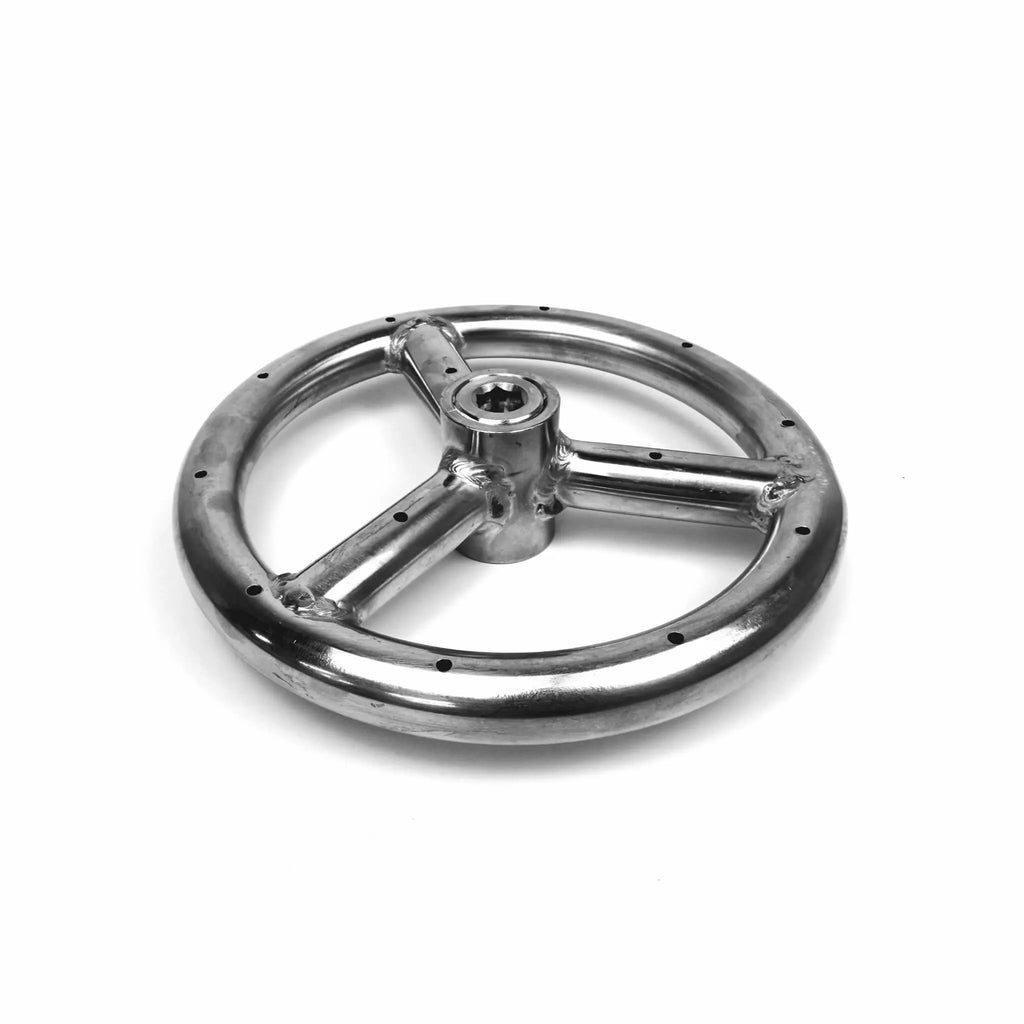 Angled view of the Athena Fire Glass 6-Inch Fire Ring Burner highlighting its welded stainless steel construction and compact circular design for efficient heat output and balanced flames.