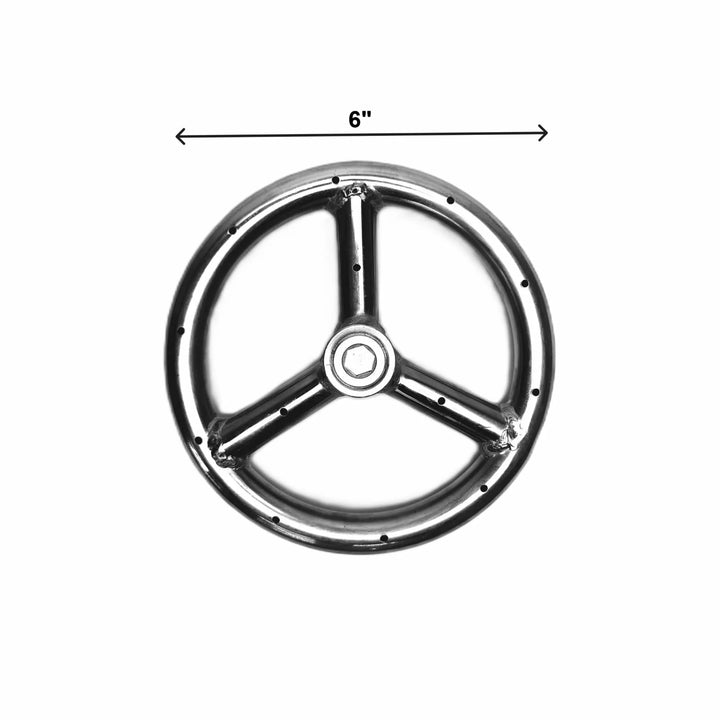 Dimensional reference image for the Athena Fire Glass 6-Inch Fire Ring Burner, displaying a 6-inch diameter for accurate sizing when designing custom gas fire pit enclosures.
