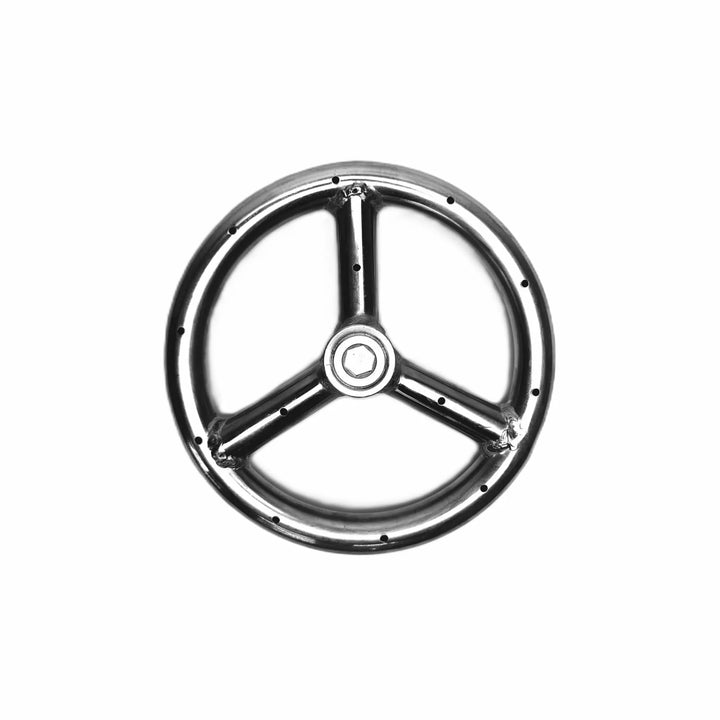 Top-down view of the Athena Fire Glass 6-Inch Fire Ring Burner showing the triple-spoke design and precise port pattern that ensures uniform flame distribution and efficient gas flow.