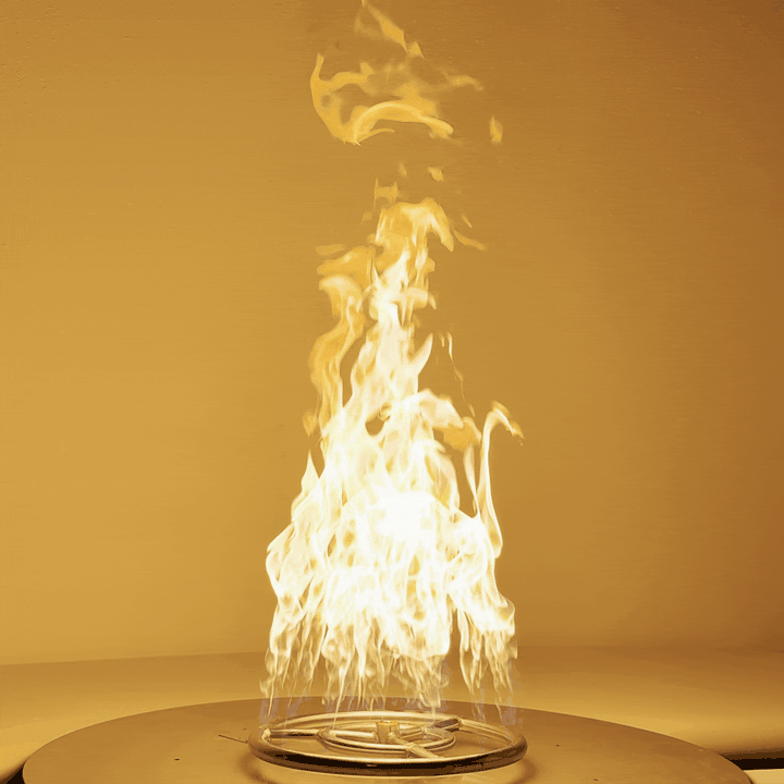 Animated image showing the Athena Fire Glass 12-Inch Fire Ring Burner producing a powerful column of flames with 285,000 BTUs, demonstrating its high heat output and even flame distribution for large outdoor gas fire pits.