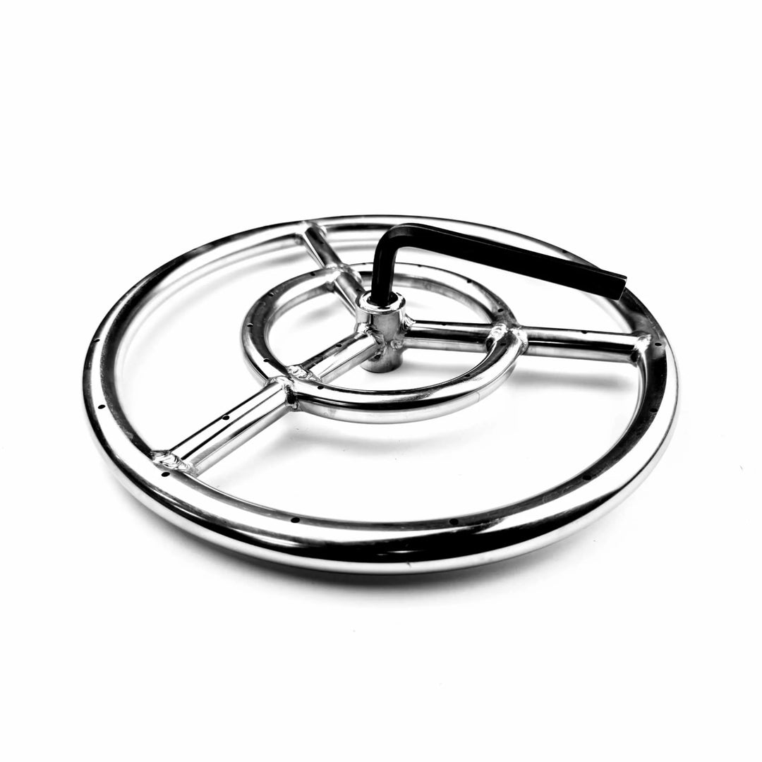 Side angle of the Athena Fire Glass 12-Inch Fire Ring Burner with included installation tool positioned beside the gas inlet, showing the burner's durable construction and setup configuration.