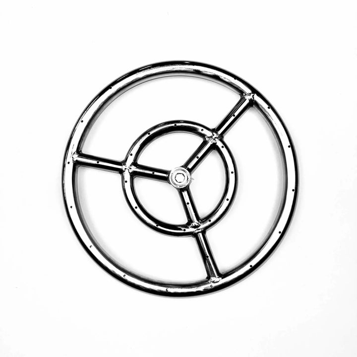 Top-down view of the Athena Fire Glass 12-Inch Fire Ring Burner displaying its dual concentric ring design and precision-drilled ports for even flame distribution and maximum visual appeal.