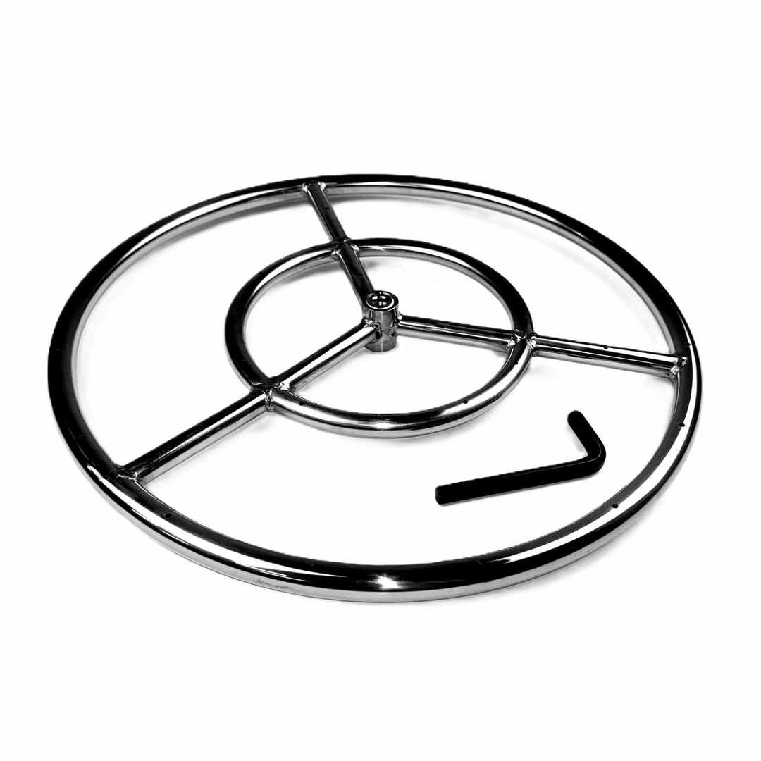 Athena Fire Glass 18-Inch Fire Ring Burner shown with included installation tool, demonstrating compatibility for natural gas or propane fire pit systems.