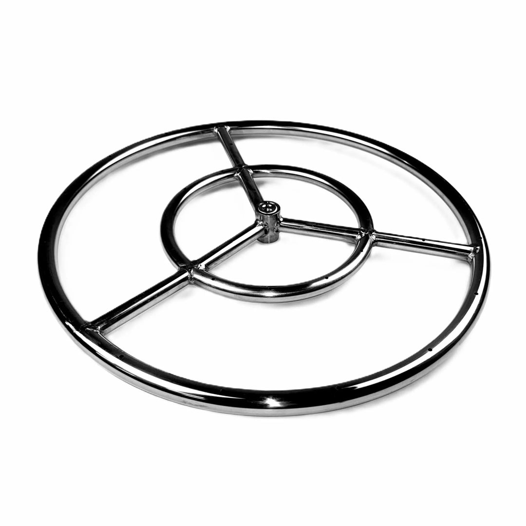 Angled product view of the Athena Fire Glass 18-Inch Fire Ring Burner highlighting its triple-arm welded design and precision gas ports for even flame distribution.