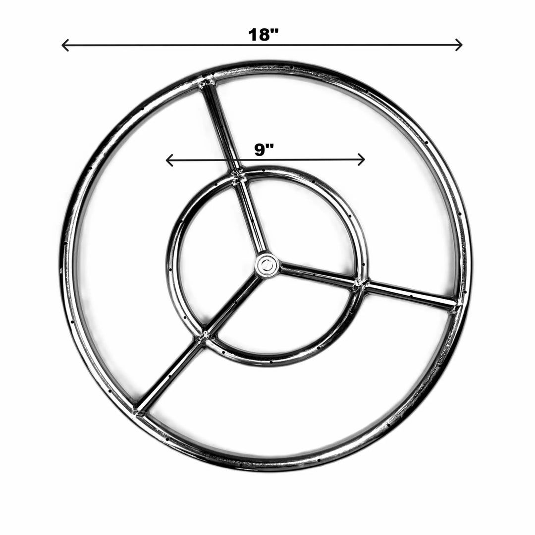 Overhead product shot of the Athena Fire Glass 18-Inch Fire Ring Burner with labeled 9-inch inner ring and 18-inch outer diameter measurements for sizing reference.