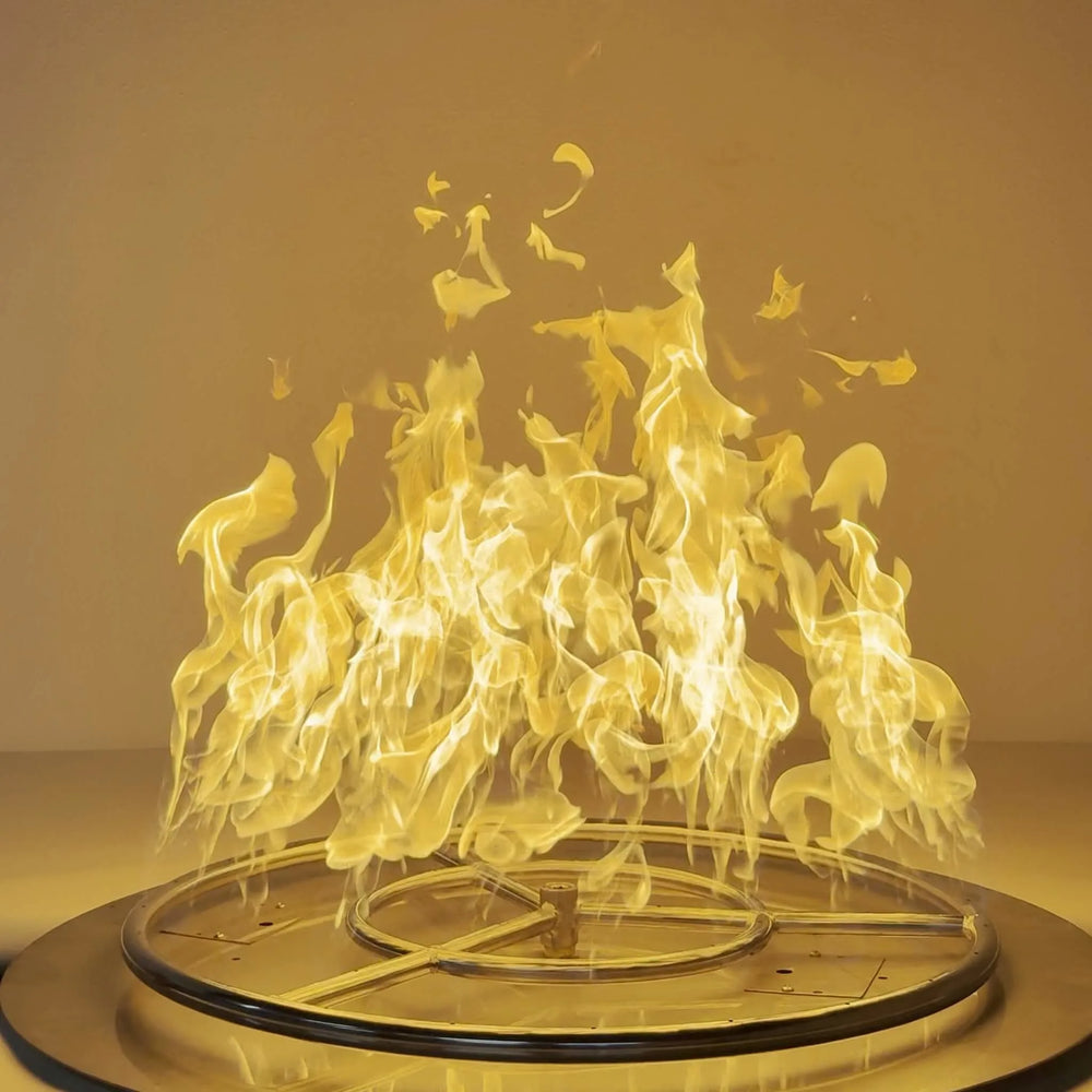 The 24-Inch Athena Fire Glass Fire Ring Burner in action, displaying bright, steady flames across its durable stainless steel rings for outdoor gas fire pit use.