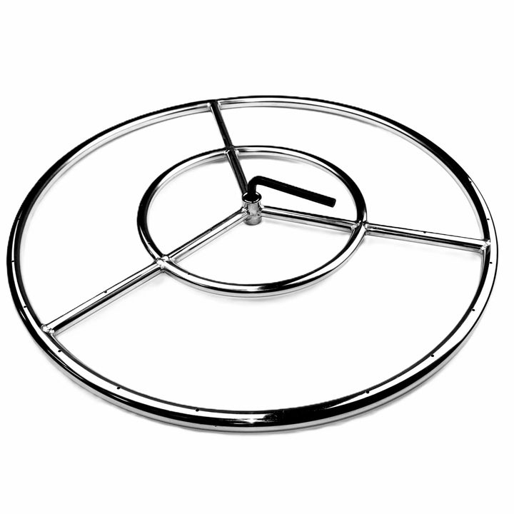 Setup view of the Athena Fire Glass Fire Ring Burner displaying tool placement and proper burner orientation for installation within a fire pit pan.