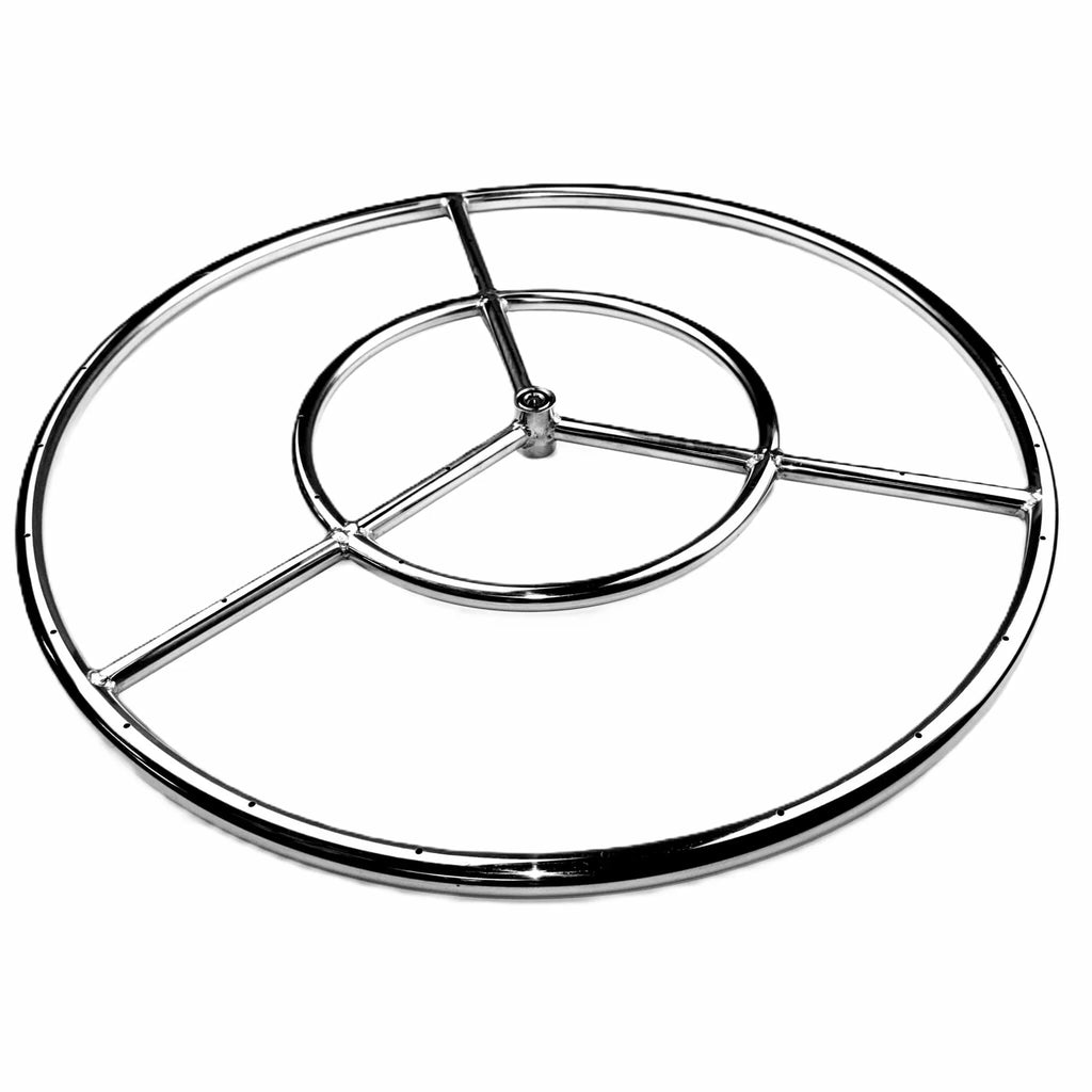 Angled product view of the Athena Fire Glass 24-Inch Fire Ring Burner showing its double-ring layout and uniform gas ports engineered for consistent flame performance.