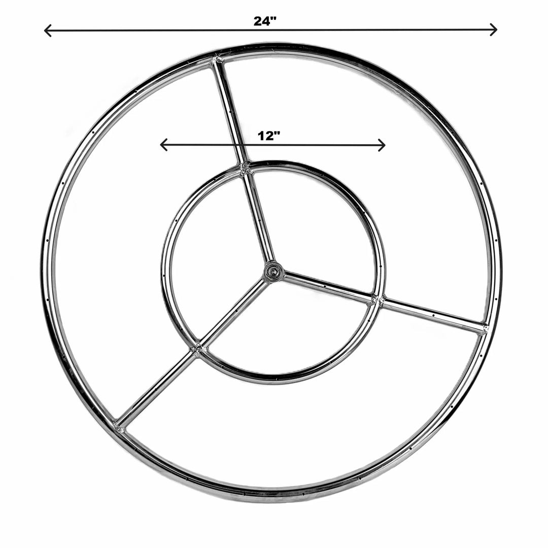 Overhead shot of the Athena Fire Glass 24-Inch Fire Ring Burner featuring labeled dimensions, 12-inch inner ring and 24-inch outer diameter, for sizing reference and specification accuracy.