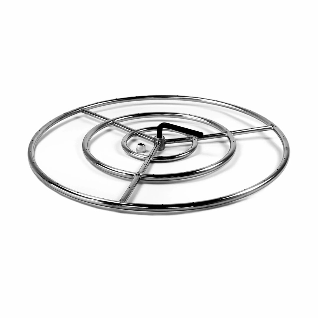 Setup view of the 30-Inch Athena Fire Glass Fire Ring Burner featuring the placement of installation tool and reducer for accurate alignment and secure gas connection.