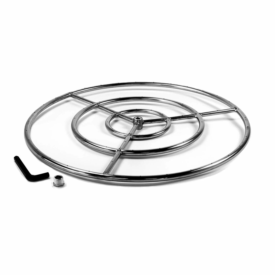 Athena Fire Glass 30-Inch Fire Ring Burner shown with included installation tool and reducer fitting, highlighting ease of setup for natural gas or propane systems.