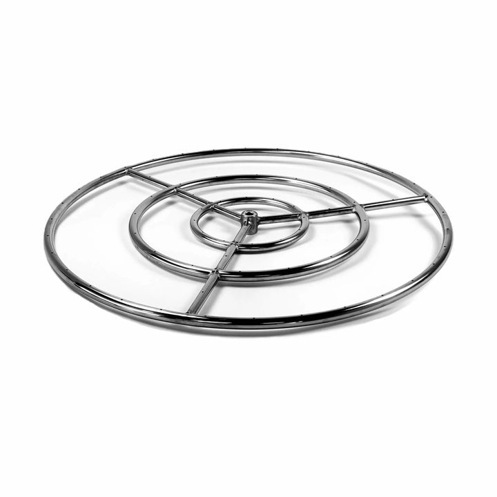 Angled view of the Athena Fire Glass 30-Inch Fire Ring Burner displaying its three concentric rings and uniform gas ports for balanced flame output and visual appeal.