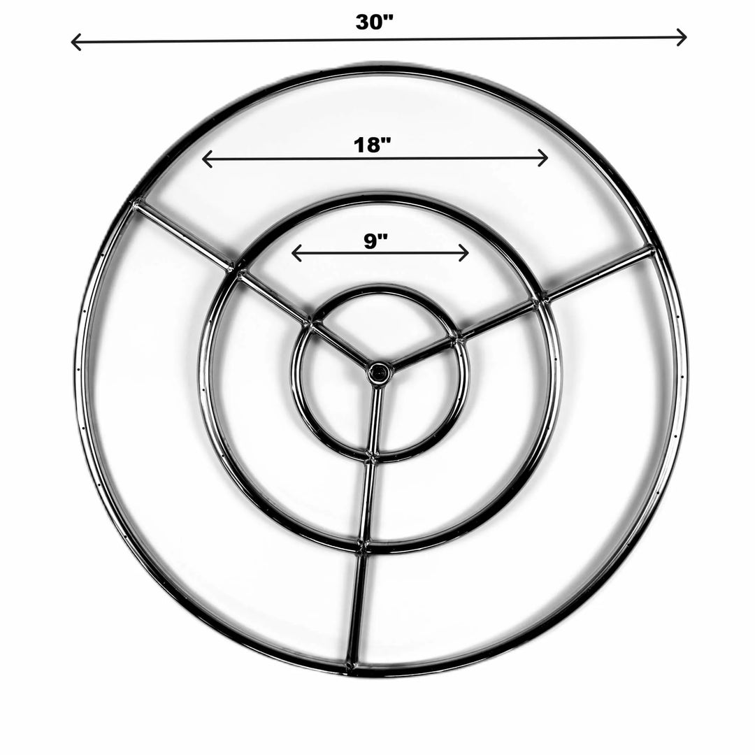 Overhead product photo of the Athena Fire Glass 30-Inch Fire Ring Burner with labeled measurements, 9-inch inner ring, 18-inch middle ring, and 30-inch outer diameter, for accurate specification reference.