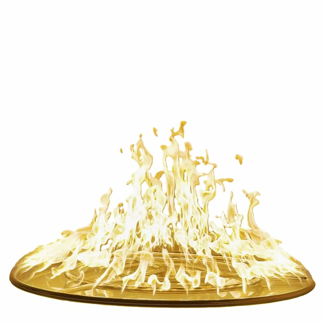 Clean studio image of the Athena Fire Glass 36-Inch Fire Ring Burner with intense yellow flames over a white background, highlighting the ring’s precise flame distribution and sleek stainless steel design.