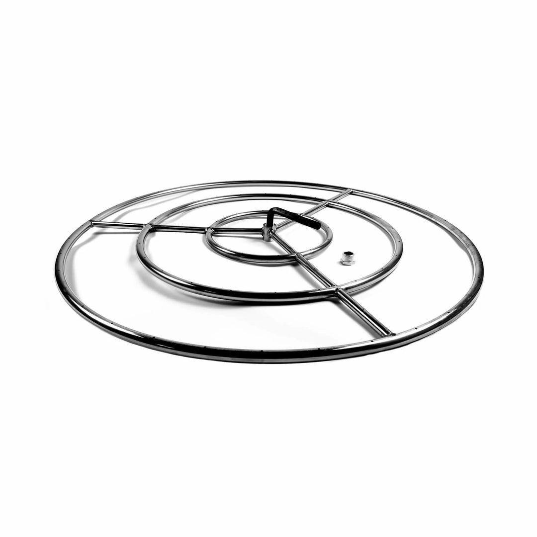 Detailed angled image of the Athena Fire Glass 36-Inch Fire Ring Burner, showing exact placement of the hex key tool and reducer fitting for assembly reference and convenience.