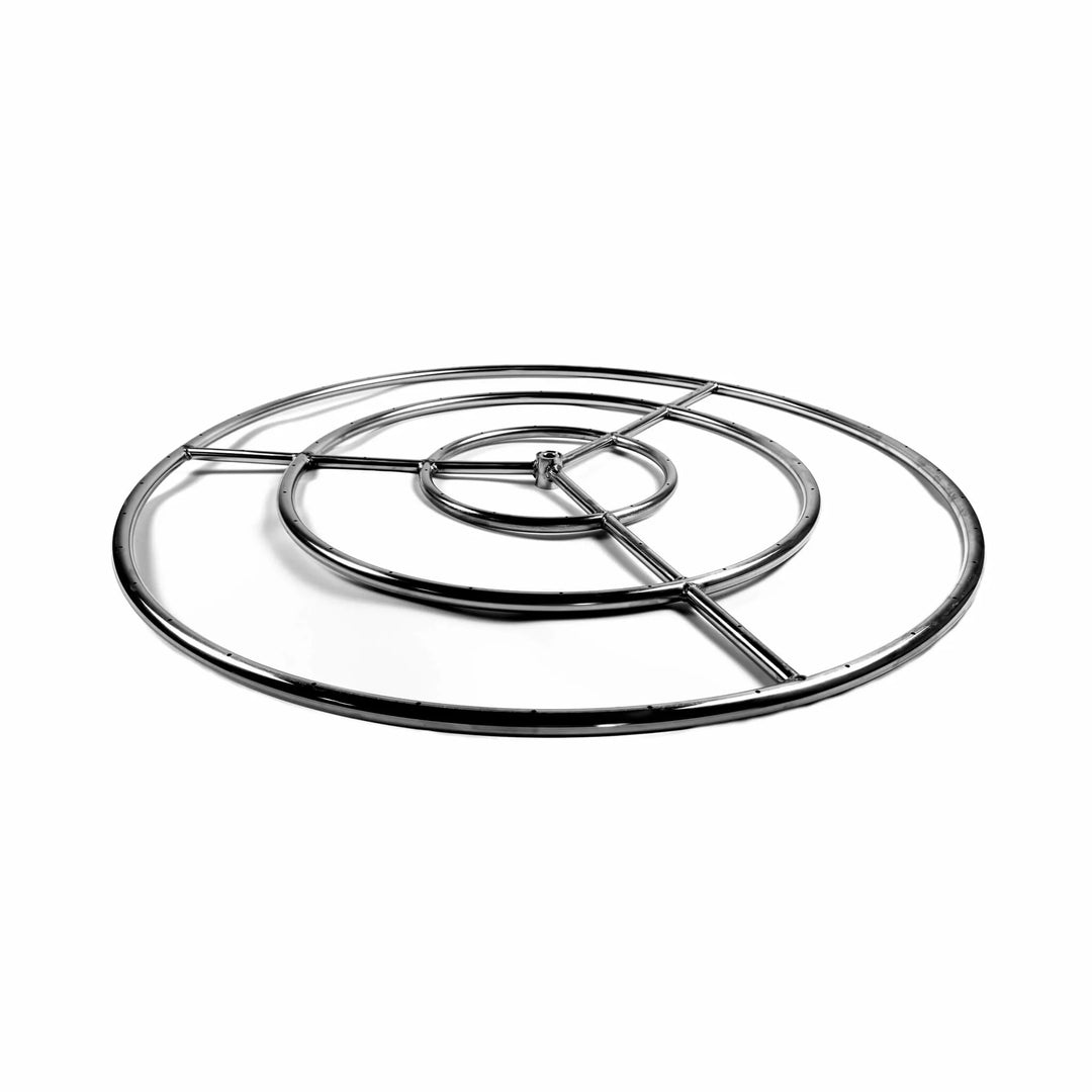 Angled product view of the Athena Fire Glass 36-Inch Fire Ring Burner, featuring durable stainless steel construction with dual concentric rings for optimal flame pattern and balanced heat output.