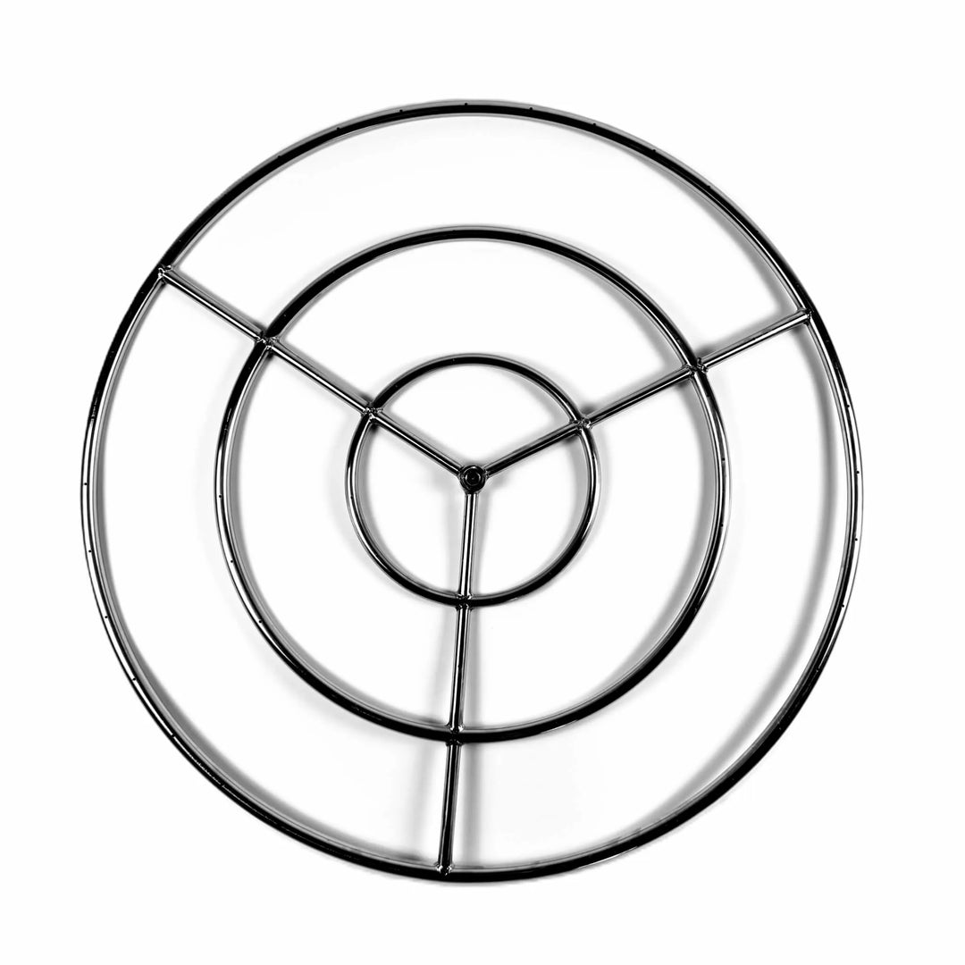 Top-down view of the Athena Fire Glass 36-Inch Fire Ring Burner, displaying the triple concentric stainless steel rings and precision-drilled gas ports for even flame distribution.
