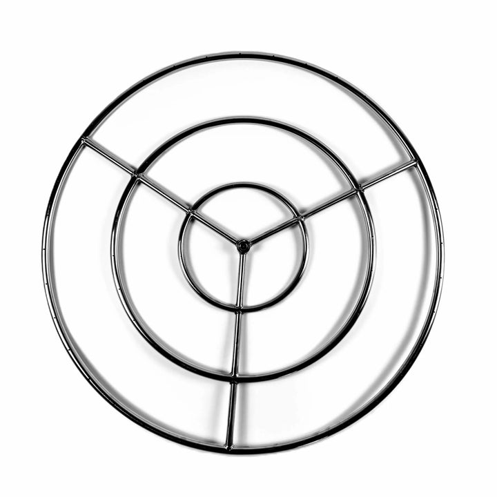 Top-down view of the Athena Fire Glass 36-Inch Fire Ring Burner, displaying the triple concentric stainless steel rings and precision-drilled gas ports for even flame distribution.
