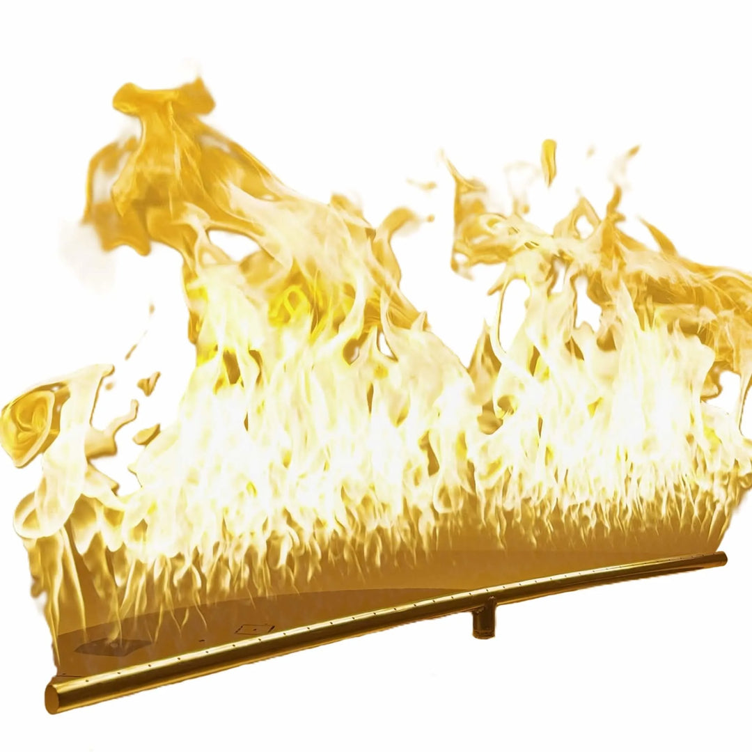 Athena Fire Glass 36-Inch Linear T-Burner in action with golden flames on a clean white background, highlighting the burner’s even flame distribution and durable stainless steel design.