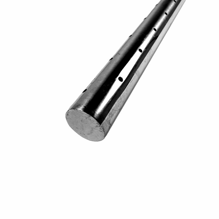 Close-up angled view of Athena Fire Glass Linear T-Burners in multiple sizes: 36, 48, 60, and 72 inches, displaying premium craftsmanship and laser-drilled ports.