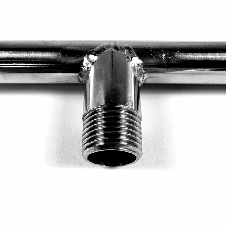 Detailed close-up of the Athena Fire Glass Linear T-Burner hub connection, featuring durable stainless steel threading and precision welding for secure gas flow.