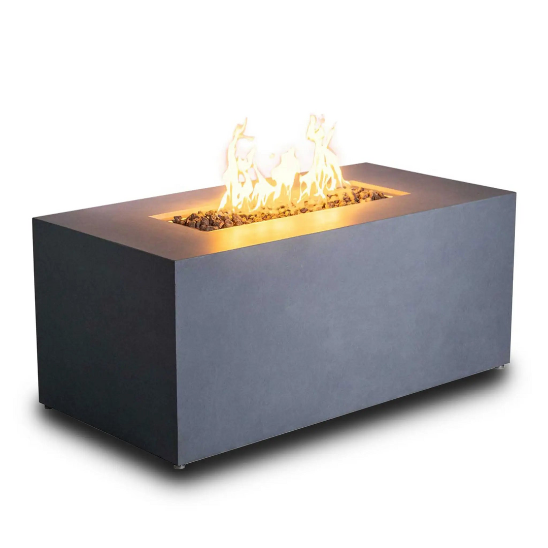 Rectangular concrete fire pit with dark lava rocks and a bright flame, perfect for adding a modern and sleek touch to outdoor patios or deck areas