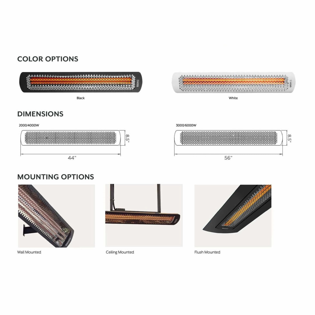 Specification sheet for the Bromic Heating Tungsten Smart-Heat Electric Heater, showing available color options in black and white, dimensions for 2000W–6000W models, and mounting options including wall, ceiling, and flush mount. Visual guide highlights the heater’s sleek design, compact depth, and versatile installation choices for residential and commercial outdoor spaces.