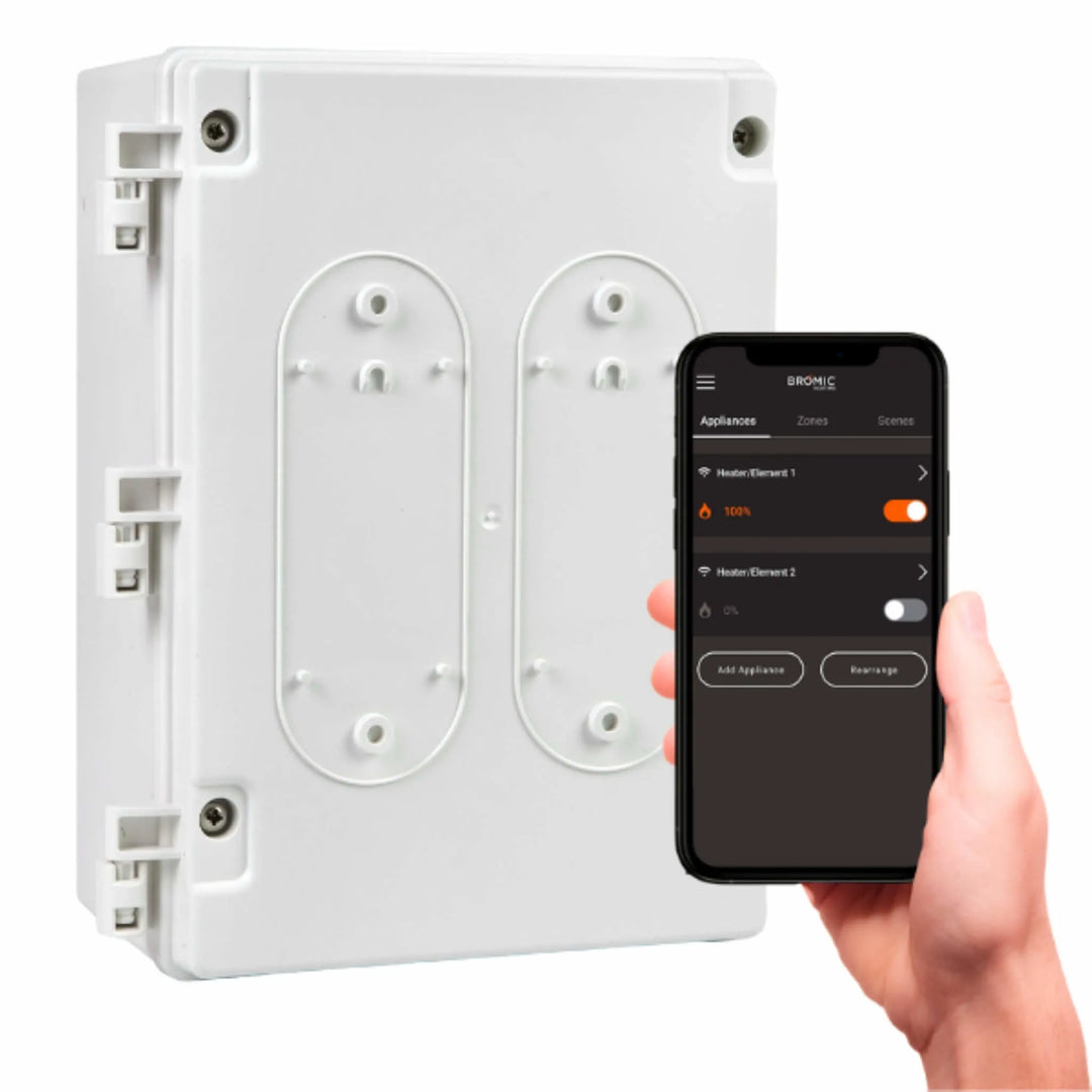 Close-up of the Bromic Heating Smart-Heat On/Off Controller paired with a smartphone showing the Bromic app interface, used to wirelessly control outdoor electric and gas heaters with ease.
