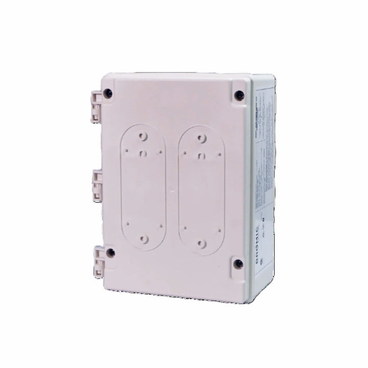 Angled front view of the Bromic Heating Smart-Heat On/Off 1-Channel and 2-Channel Control Module, showing its compact, weather-resistant enclosure for outdoor use.