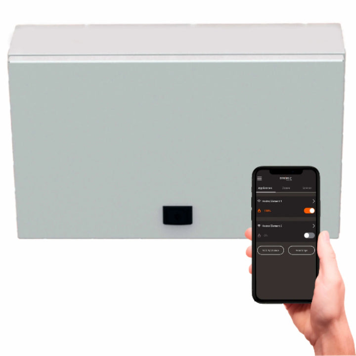 Bromic Heating Affinity Smart-Heat On/Off 5-Channel Control Box shown with a smartphone displaying the Bromic app, enabling users to wirelessly adjust multiple outdoor heaters from one interface.