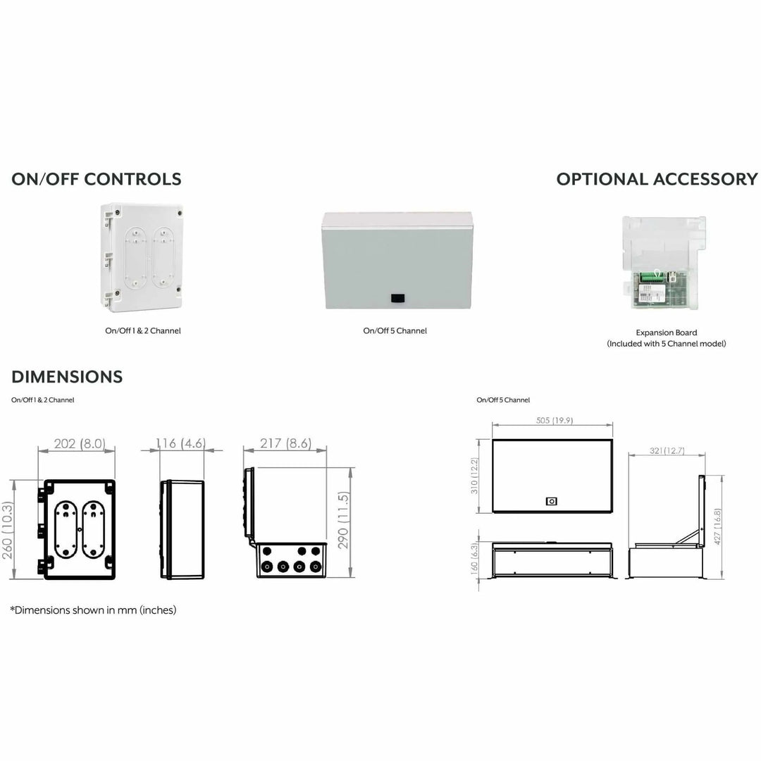 Technical overview of the Bromic Heating Affinity Smart-Heat On/Off Controllers, including 1, 2, and 5 Channel models, optional accessories, and detailed product dimensions.
