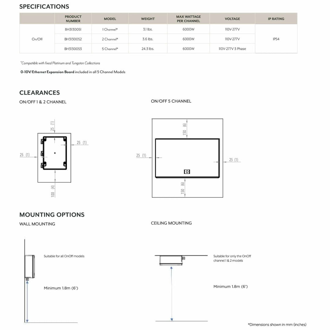 Specification sheet for Bromic Heating Smart-Heat Affinity On/Off Controllers displaying product numbers, wattage, voltage ratings, clearances, and wall or ceiling mounting diagrams.