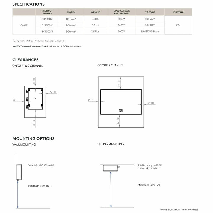 Specification sheet for Bromic Heating Smart-Heat Affinity On/Off Controllers displaying product numbers, wattage, voltage ratings, clearances, and wall or ceiling mounting diagrams.