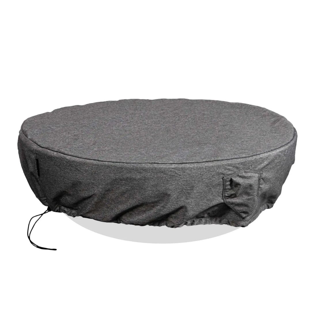 Cono Moreno 48-inch Round Copper Fire Pit with protective fabric cover, ensuring longevity and protection against the elements