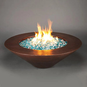 Cono Moreno 48-inch Round Copper Fire Pit with dancing flames, showcasing its elegant copper design and vibrant blue fire glass