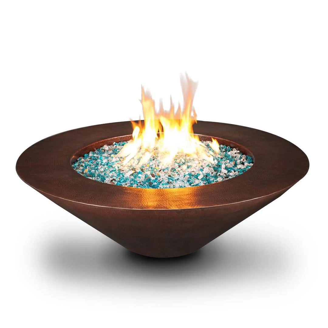 Cono Moreno 48-inch Round Copper Fire Pit against a white background, highlighting its striking design and modern appeal