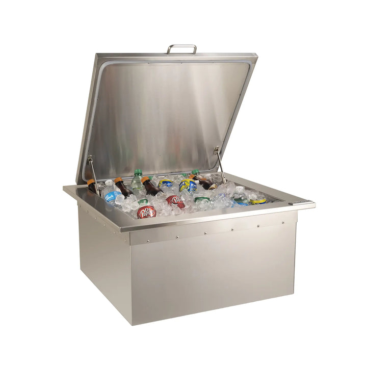 Fire Magic Drop-In Refreshment Center made from stainless steel and full of refreshments, it sits on a white background