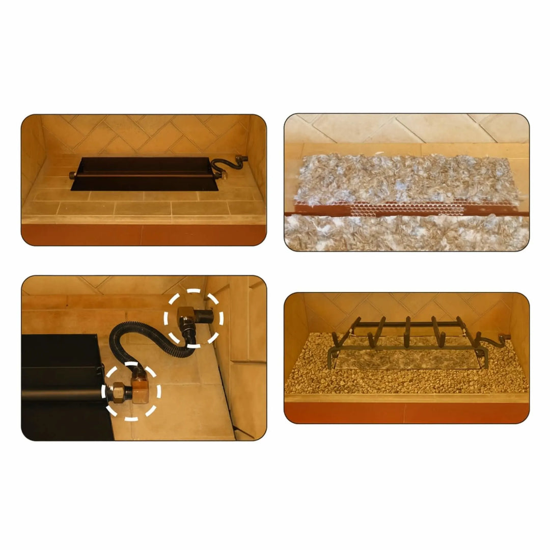 Step-by-step visual breakdown of Real Fyre G4 burner installation process—showcasing key stages including burner tray placement, ember bed setup, gas line connection, and final grate assembly for a professional-grade fireplace finish.