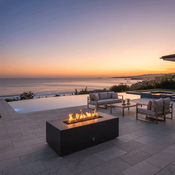 A luxury fire pit in a dark graphite finish anchors a spacious stone patio overlooking the ocean at sunset. Positioned near an infinity pool, the rectangular unit is flanked by a modern sofa and armchairs, creating a refined setting for outdoor entertaining. The warm glow of the propane fire pit complements the purple and orange hues of the horizon, demonstrating how the patio fire pit enhances a coastal backyard ambiance.