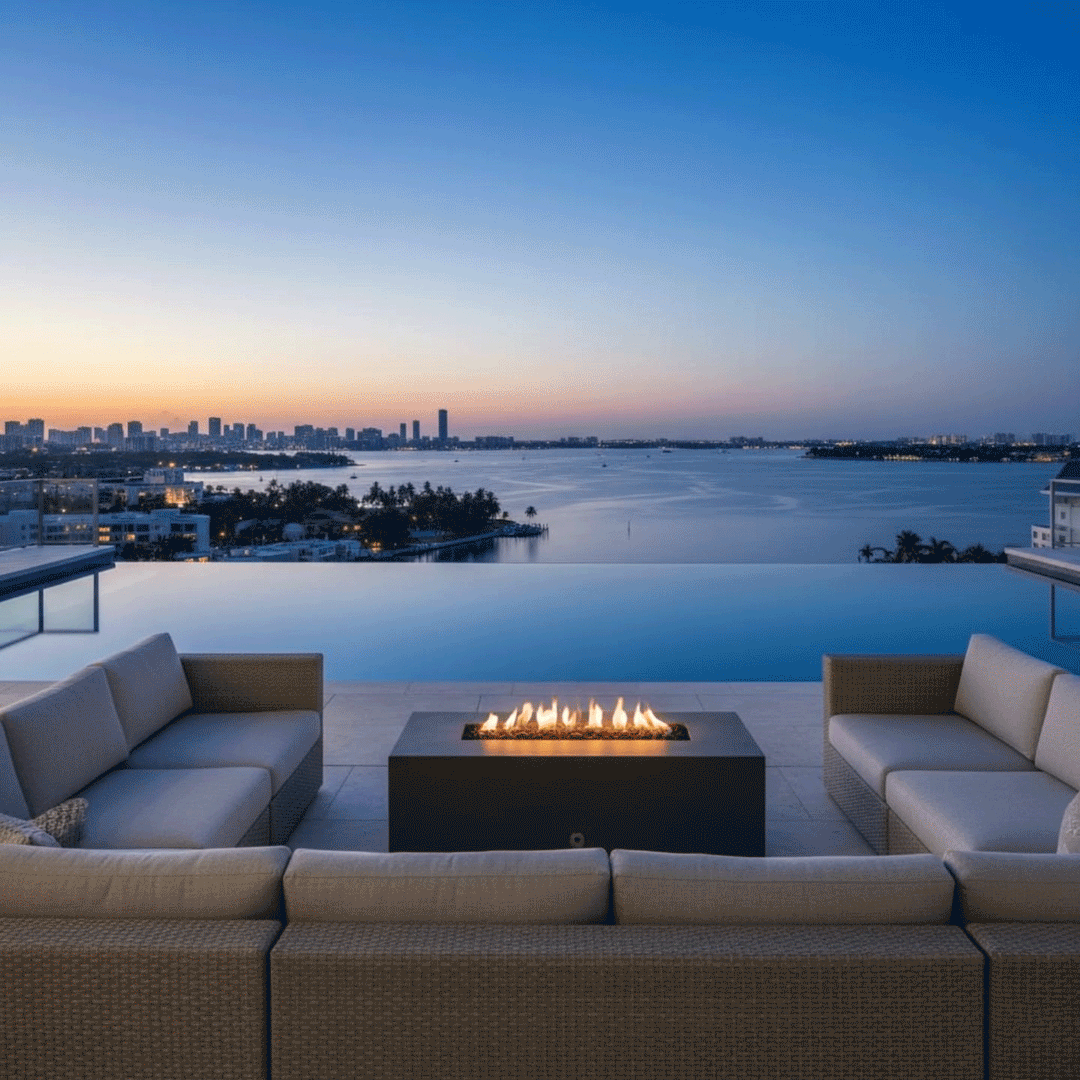 A large U-shaped sectional sofa surrounds a rectangular outdoor fire pit in a graphite finish, set against a backdrop of a harbor and city lights during blue hour. The low-profile fire table provides a warm gathering spot on the rooftop deck. Clean-burning flames illustrate the benefits of a smokeless fire pit, ensuring unobstructed views of the water while creating an inviting atmosphere for a family gathering fire pit setup.