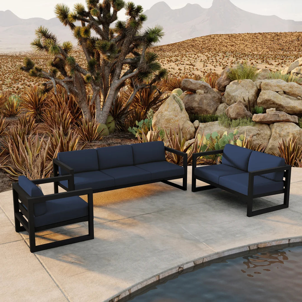 Harmonia Living Avion 3 Piece Aluminum Sofa Loveseat Set - Black - Spectrum Indigo