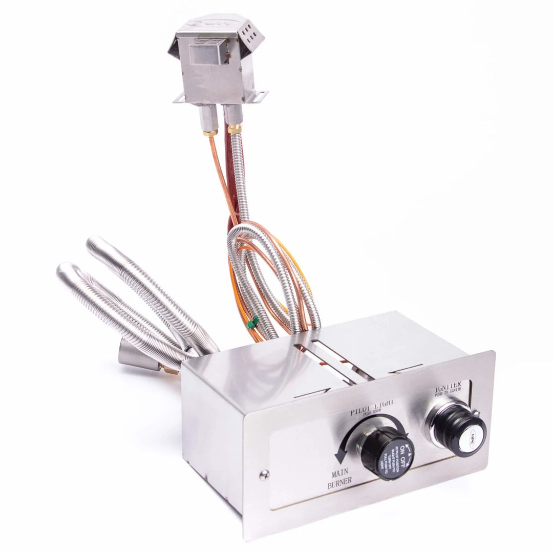Close-up of HPC Fire Inspired’s certified push-button pilot ignition system with stainless steel control box, flexible gas lines, and built-in flame-sensing pilot assembly for safe and efficient outdoor fire pit operation.