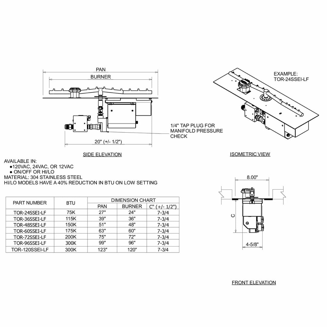 Technical specification sheet for the HPC Fire Inspired Linear Flat Torpedo T-Burner, detailing burner dimensions, BTU output, and electronic ignition options for professional outdoor gas fire pit installation.