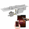 HPC Fire Inspired Linear Flat Torpedo T-Burner with Hi/Lo electronic ignition, showing stainless steel construction and smart remote operation through mobile device or tablet for flame control.