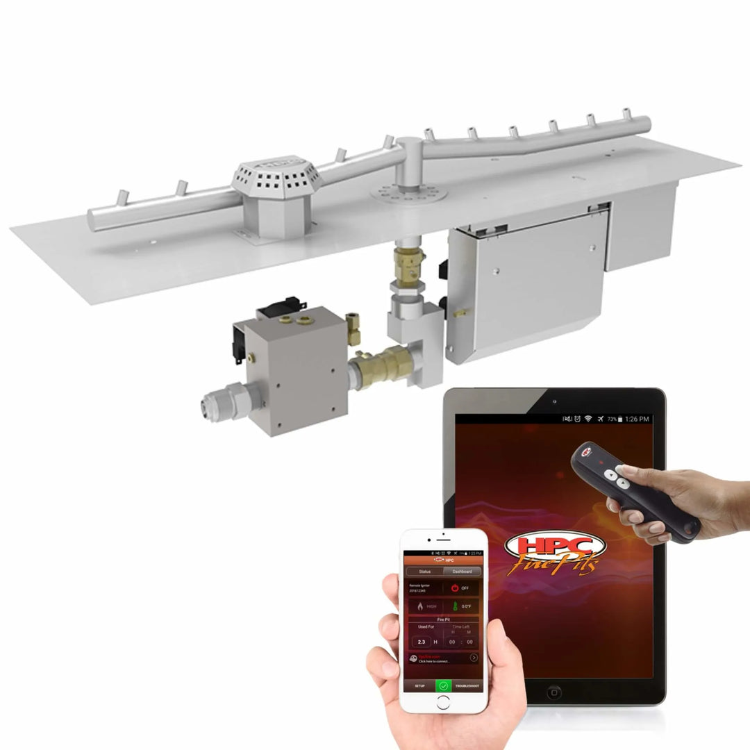 HPC Fire Inspired Linear Flat Torpedo T-Burner with Hi/Lo electronic ignition, showing stainless steel construction and smart remote operation through mobile device or tablet for flame control.