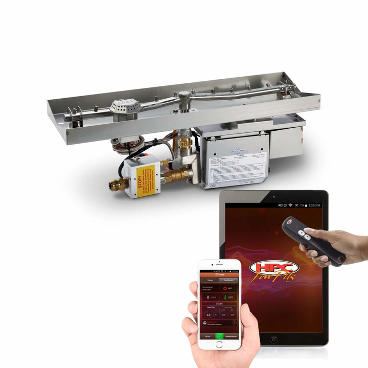 HPC Fire Inspired Linear Interlink Torpedo T-Burner with Hi/Lo electronic ignition system, showcasing its stainless steel construction, precision gas components, and smart control compatibility through tablet, smartphone, and remote for convenient flame adjustment and operation.