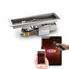 HPC Fire Inspired Linear Trough Drop-In Torpedo T-Burner with Hi/Lo electronic ignition system, shown with smartphone and tablet remote control for adjustable flame height and wireless operation.