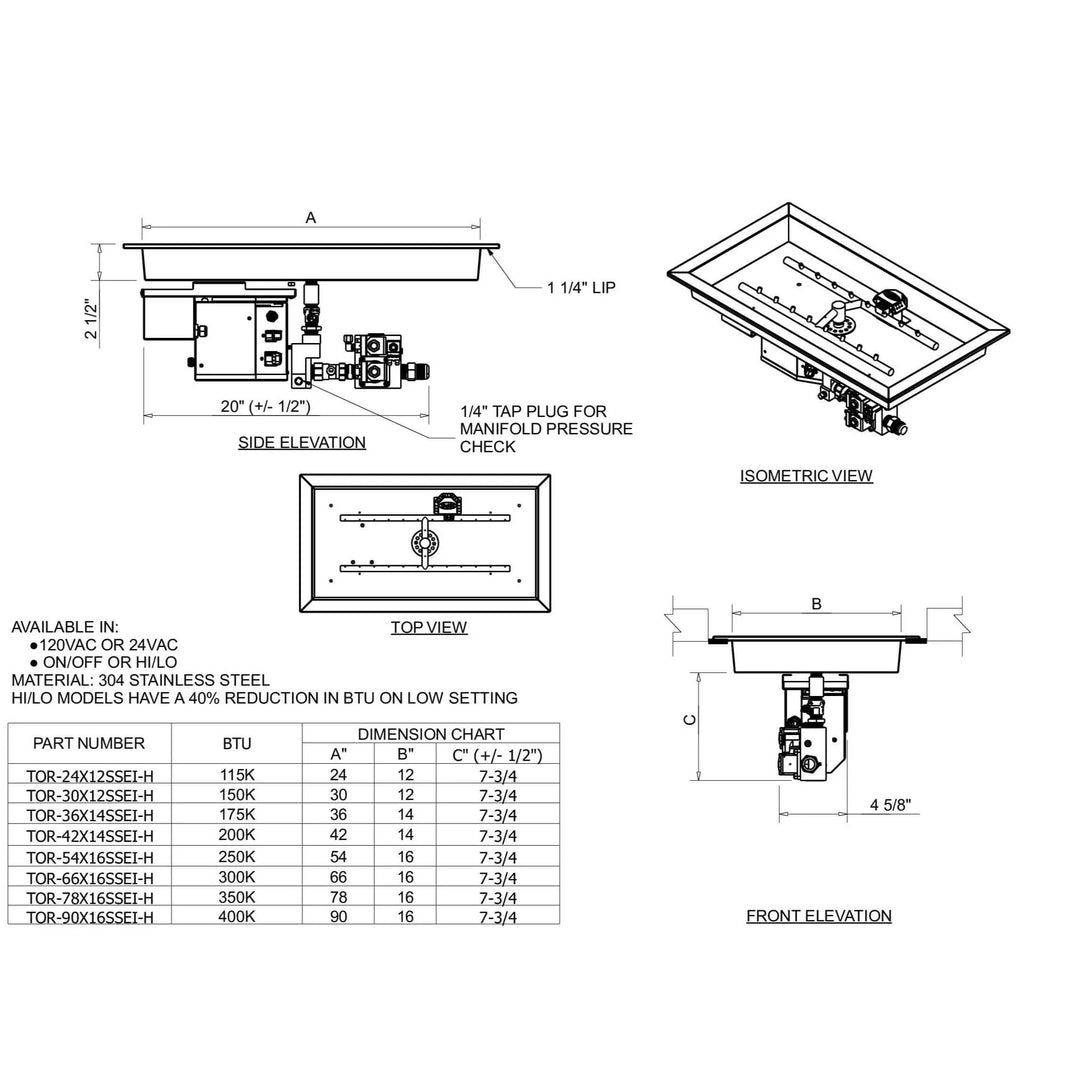 Technical specification sheet for HPC Fire Inspired rectangular drop-in torpedo H-burner, showing dimensions, BTU output, and certified on/off system options.