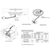 Technical specification sheet showing detailed dimensions, valve box design, and setup instructions for the HPC Fire Inspired Round Drop-In FPPK Push-Button Battery Pilot Torpedo Burner. Includes BTU ratings, flex line measurements, and stainless steel construction notes.