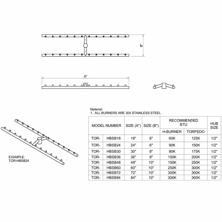 Technical specification sheet for the HPC Fire Inspired Torpedo H-Burner, showing dimensions, BTU ratings, model numbers, and hub size details for various burner sizes.